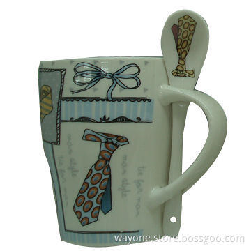 Earthware Ceramic Mug and Spoon with Decal Printing, Father's Day Motif, 4-color